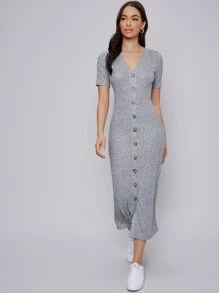 Seusyu Single Breasted Rib-knit Dress - Light Grey - View 1