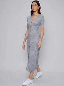 Seusyu Single Breasted Rib-knit Dress - Light Grey - View 3