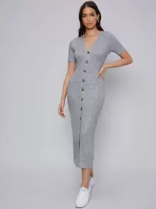 Seusyu Single Breasted Rib-knit Dress - Light Grey - View 5