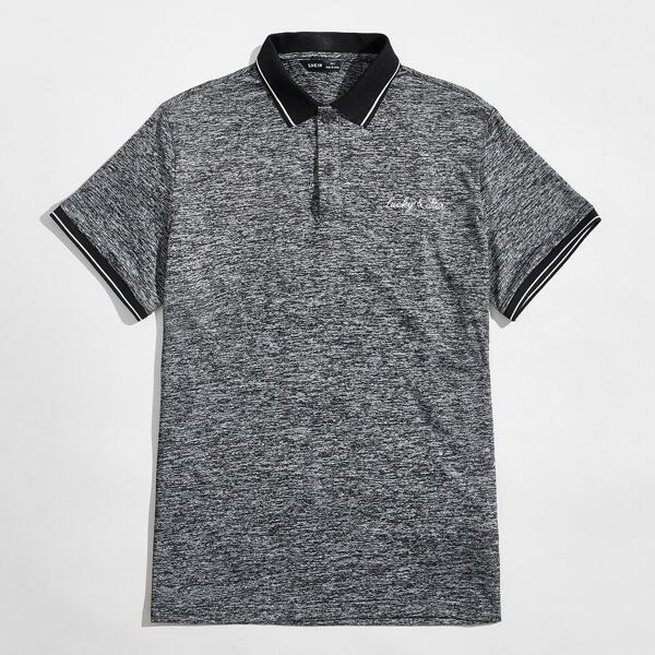 

Men Striped Trim Letter Embroidery Top, Dark grey