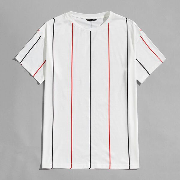 

Men Round Neck Striped Print Tee, White