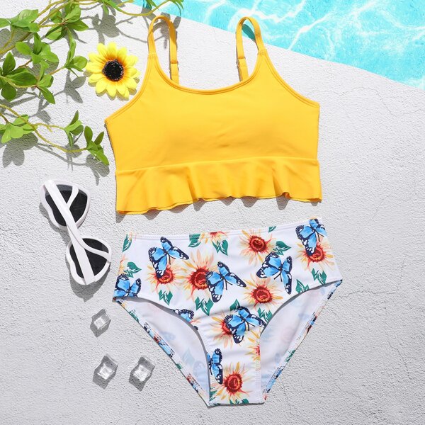 

Girls Sunflower & Butterfly Print Bikini Swimsuit, Multicolor