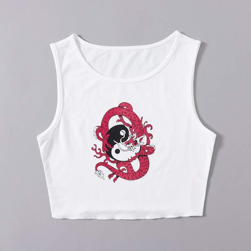 Yin & Yang Chinese Dragon Graphic Tank Top, White