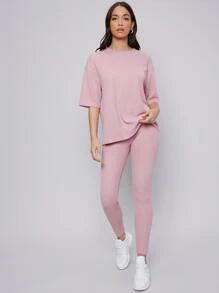 Mulvari Drop Shoulder Solid Top & Leggings Set - Baby Pink - View 2