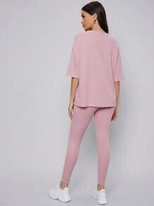 Mulvari Drop Shoulder Solid Top & Leggings Set - Baby Pink - View 3