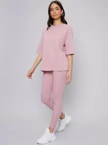 Mulvari Drop Shoulder Solid Top & Leggings Set - Baby Pink - View 1