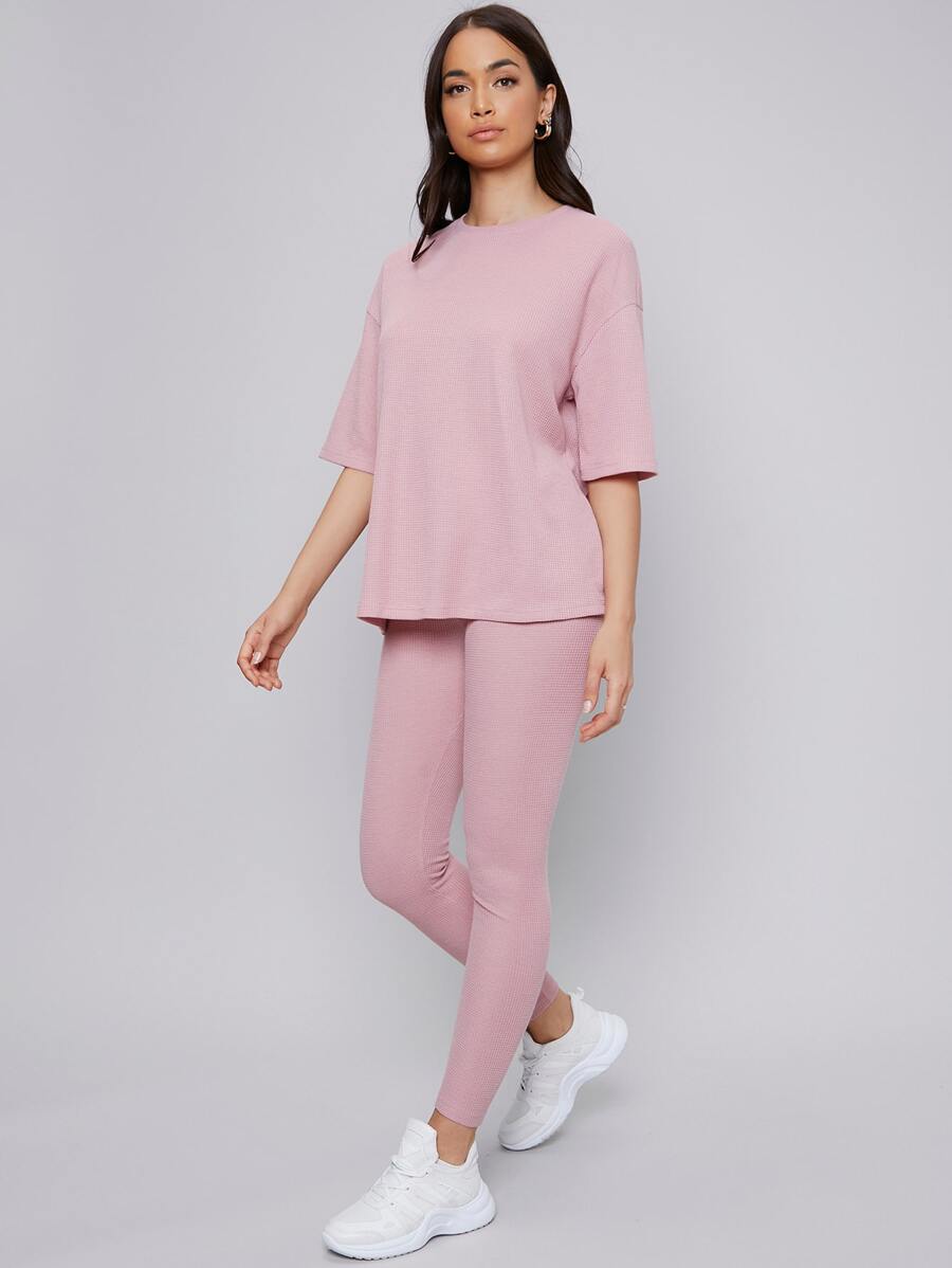 Mulvari Drop Shoulder Solid Top & Leggings Set - Baby Pink - View 1