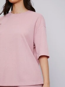Mulvari Drop Shoulder Solid Top & Leggings Set - Baby Pink - View 4
