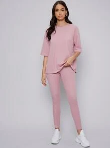 Mulvari Drop Shoulder Solid Top & Leggings Set - Baby Pink - View 5