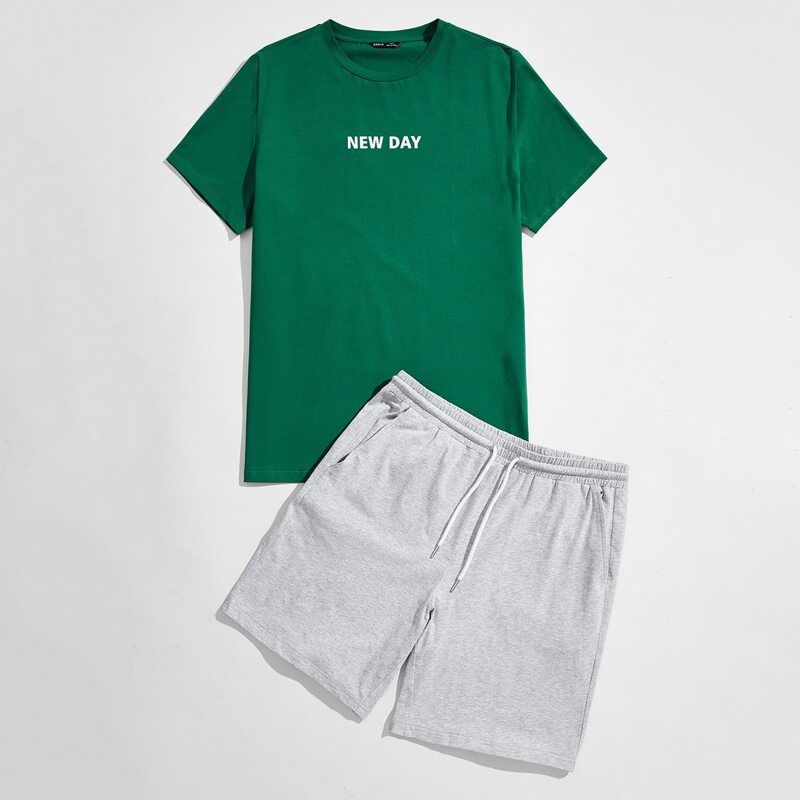 

Guys Letter Graphic Tee & Drawstring Waist Shorts Set, Multicolor