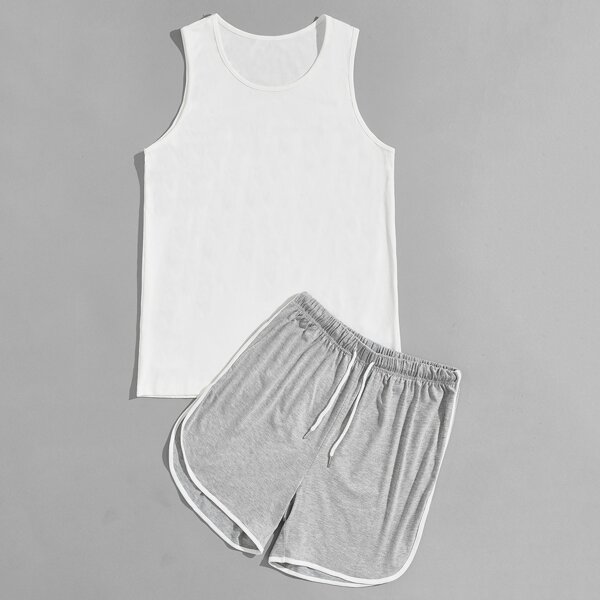 

Men Tank Top With Contrast Binding Dolphin Shorts, Multicolor