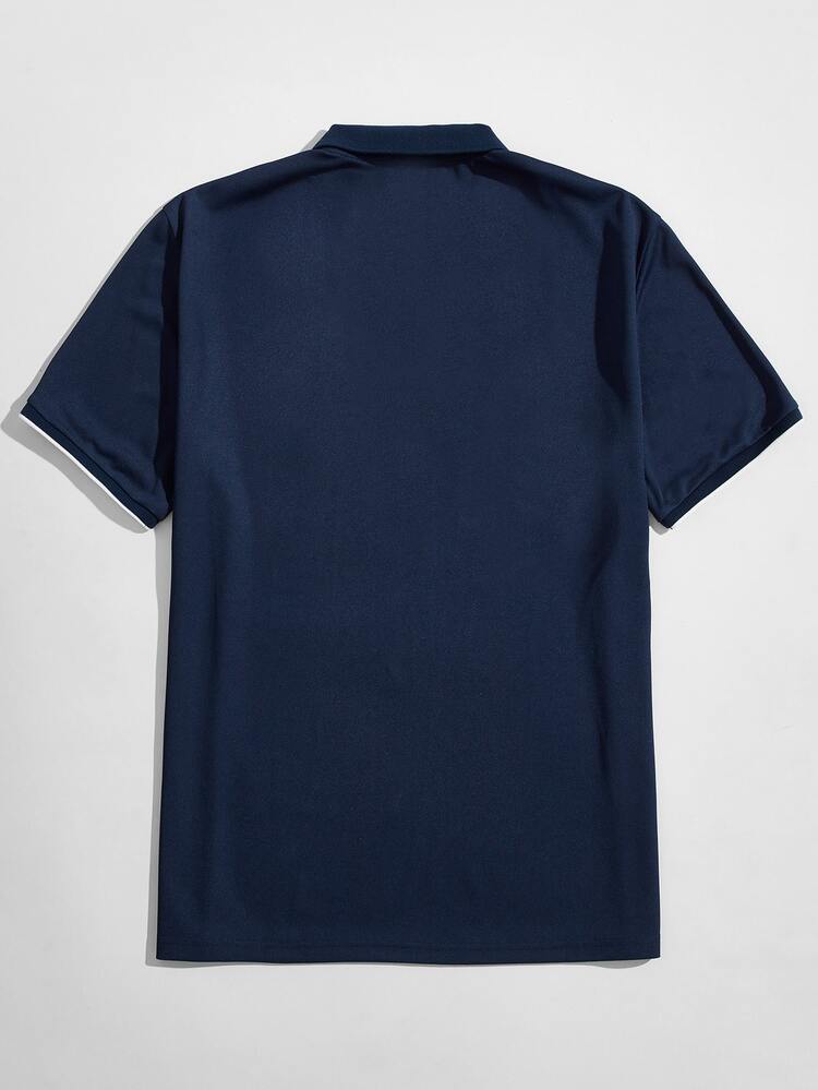 GENTILAND Men Contrast Binding Polo Shirt, Quarter Button Color Block Dark Blue Work Business Casual Polo Shirt For Husband - Navy Blue - View 2