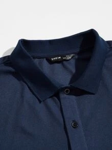 GENTILAND Men Contrast Binding Polo Shirt, Quarter Button Color Block Dark Blue Work Business Casual Polo Shirt For Husband - Navy Blue - View 4