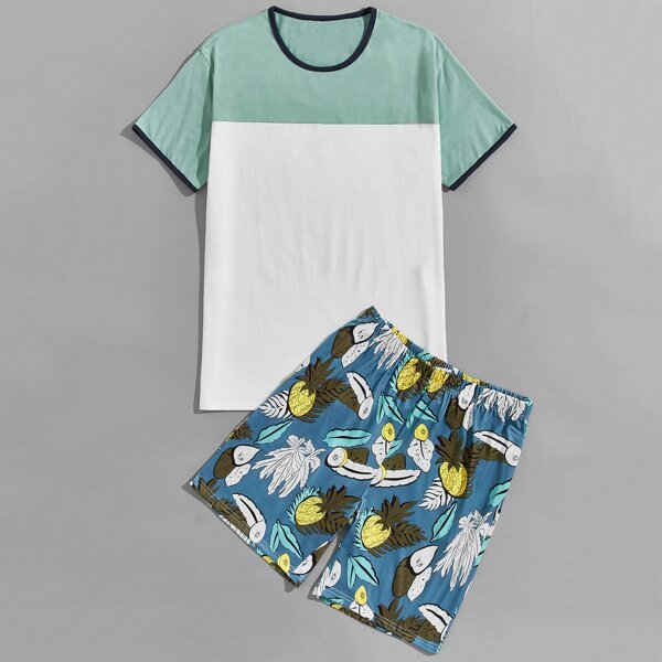 

Men Colorblock Tee With Tropical Print Track Shorts, Multicolor