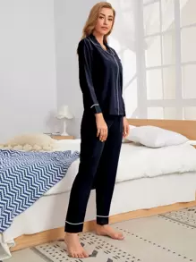 LuxeNights 撞色滚边口袋拼接睡衣套装，秋冬装，舒适优雅细节 - 藏蓝色 - 查看 4