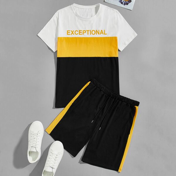 

Men Letter Color Block Tee & Track Shorts, Black