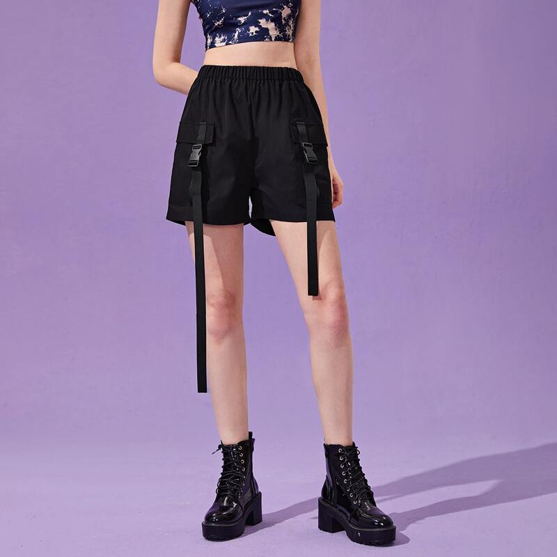 

Solid Buckle Cargo Shorts, Black