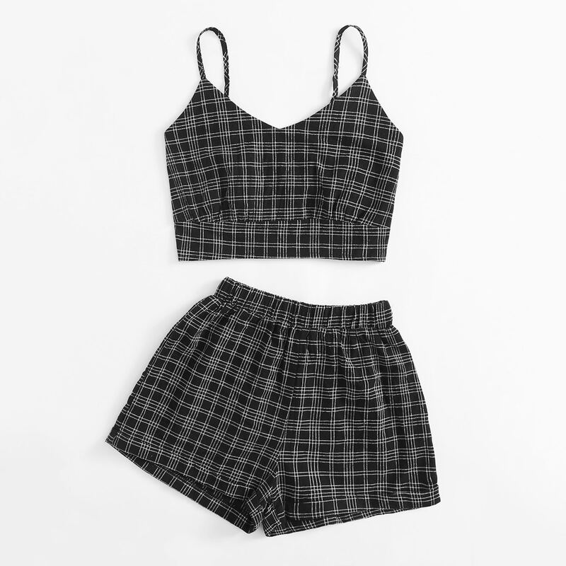 

Plaid Crop Cami & Shorts, Black and white