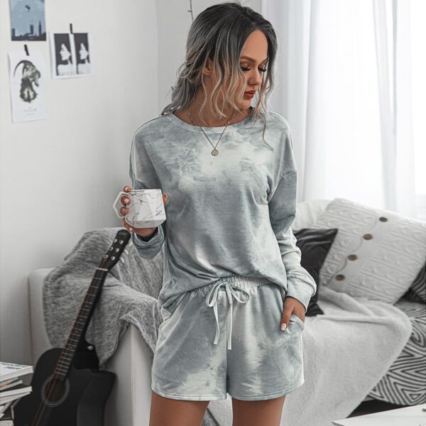 

Drop Shoulder Tie Dye Pullover & Shorts Set, Light grey