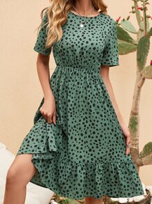 SHEIN Clasi Allover Print Ruffle Hem A-line Dress - Green - View 1