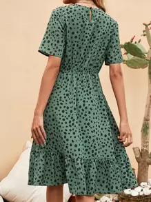 SHEIN Clasi Allover Print Ruffle Hem A-line Dress - Green - View 2