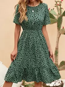 SHEIN Clasi Allover Print Ruffle Hem A-line Dress - Green - View 3
