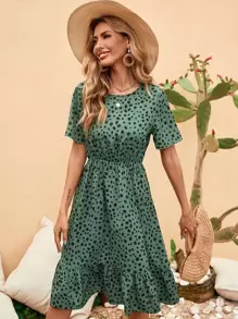 SHEIN Clasi Allover Print Ruffle Hem A-line Dress - Green - View 4