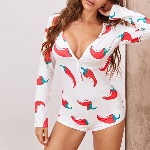 

Allover Chili Print Pajama Onesie, White