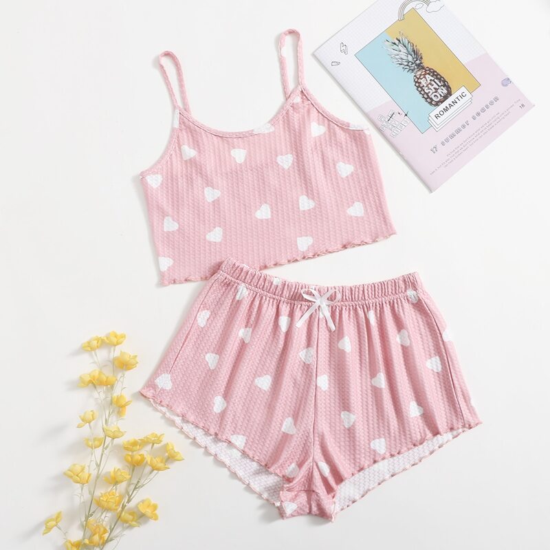 

Allover Heart Print Bow Pajama Set, Baby pink