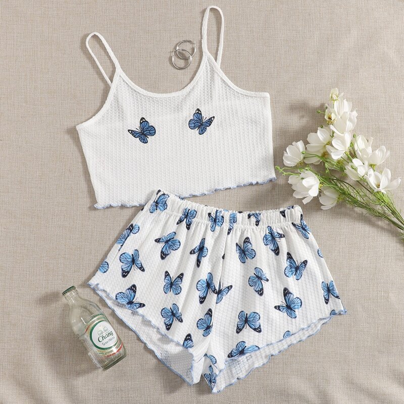 

Butterfly Print Lettuce Trim Pajama Set, White