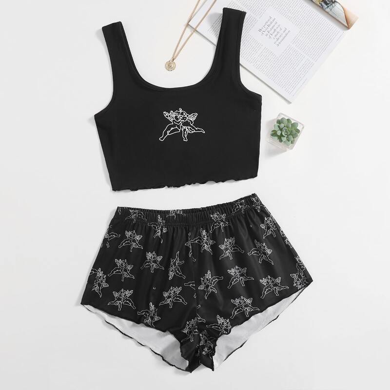 

Angel Print Pajama Set, Black