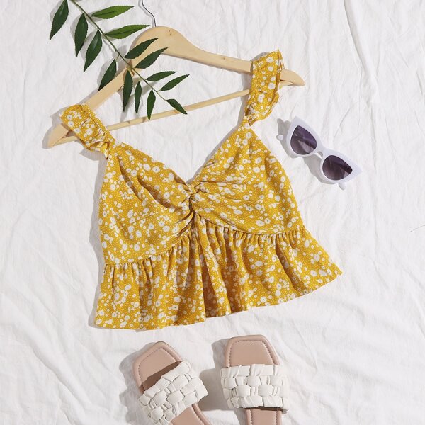 

Ditsy Floral Twist Ruffle Trim Top, Yellow