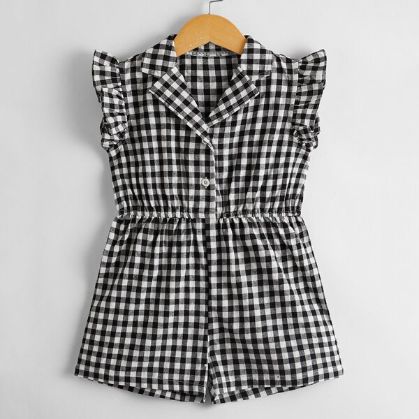 

Toddler Girls Gingham Lapel Collar Shirt Romper, Black and white