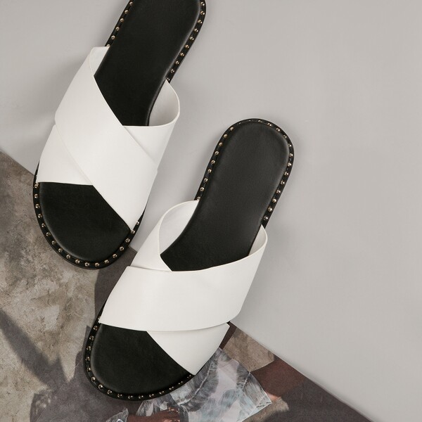 

Stud Detail Cross Open Toe Band Slide Sandals, White