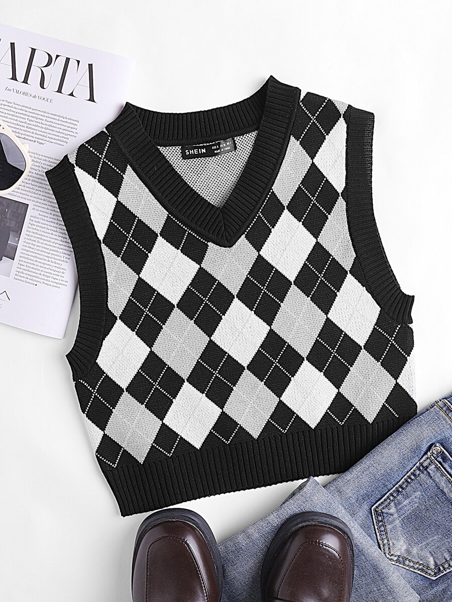Chaleco jersey con patrón de rombo - Multicolor - Ver 1