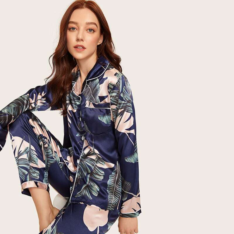 

Tropical Print Satin Top & Pants PJ Set, Multicolor