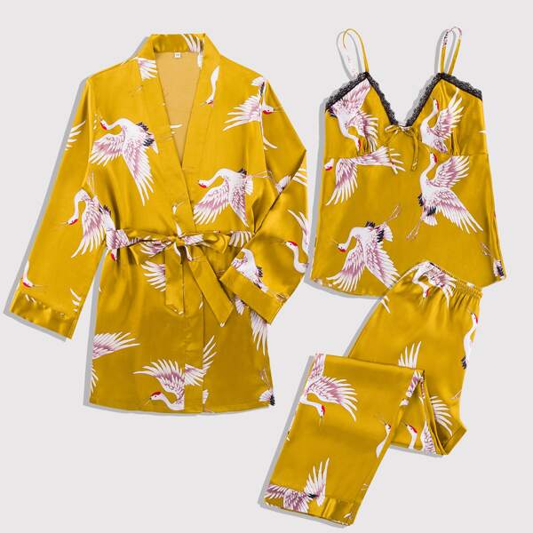 

3pack Crane Print Satin PJ Set With Belted Robe, Yellow