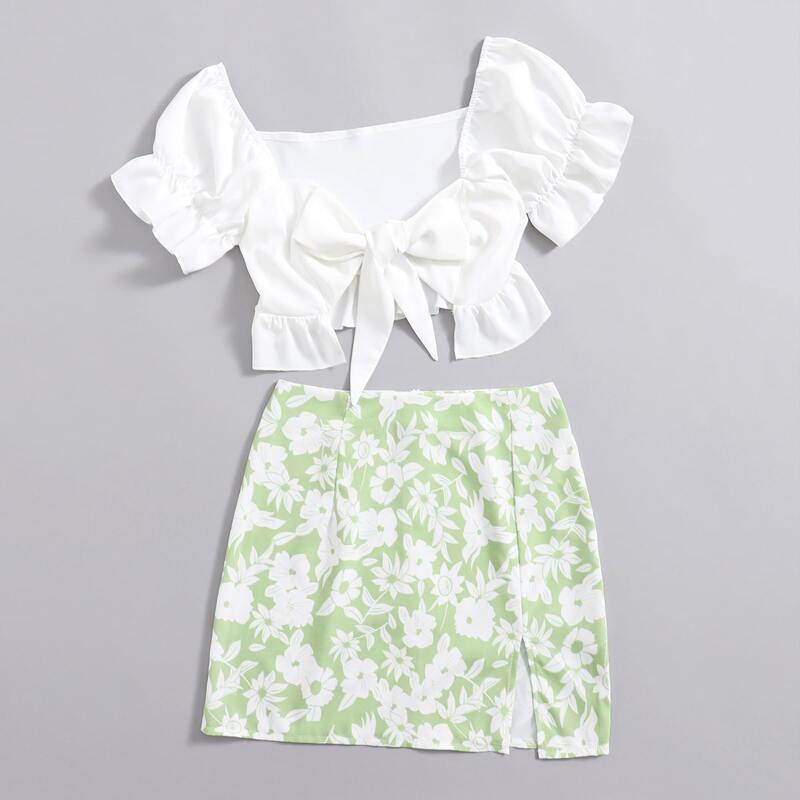 

Solid Bow Crop Top & Floral Split Skirt, Multicolor