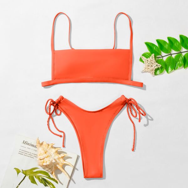 

High Cut Tie Side Bikini Swimsuit, Orange