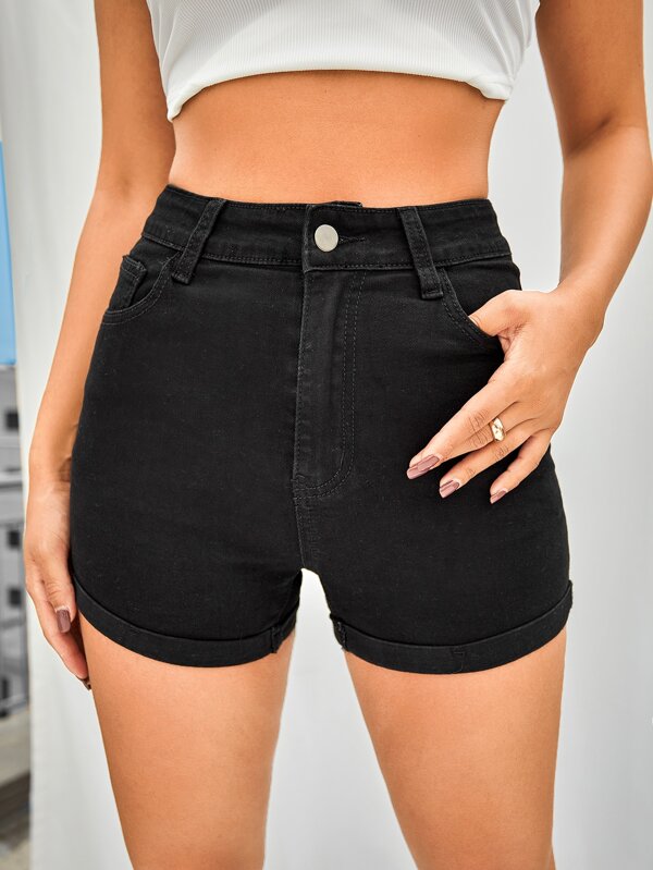 SHEIN EZwear Slant Pocket Roll Hem Denim Shorts