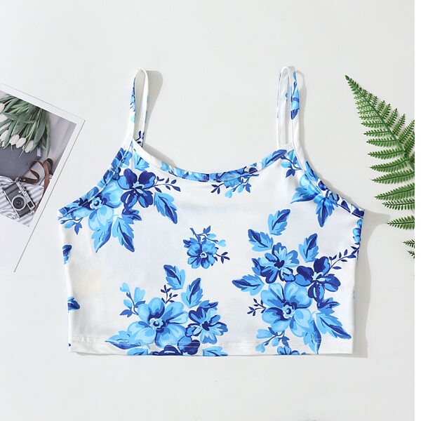 

Floral Print Crop Cami Top, Blue and white