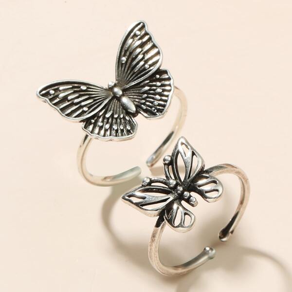 

2pcs Butterfly Decor Ring, Antique silver