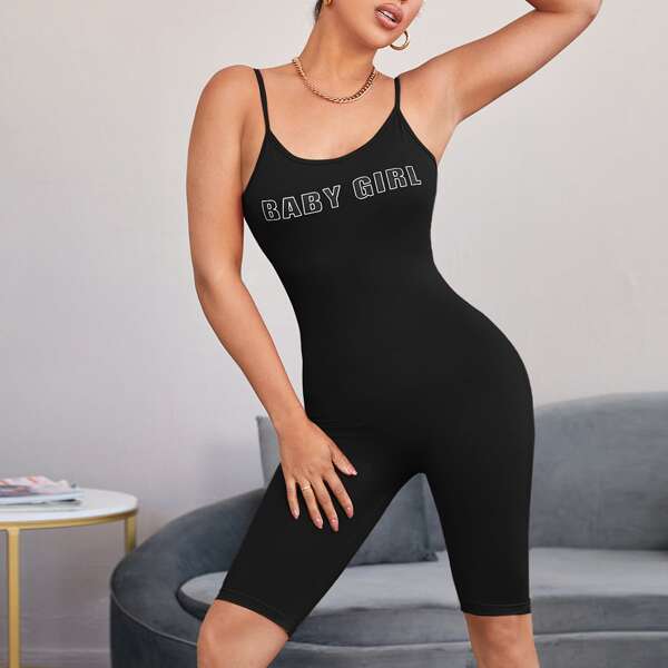 

Letter Graphic Backless Cami Romper, Black