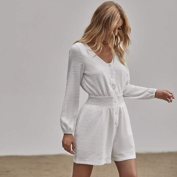 

Bishop Sleeve Shirred Waist Romper, White