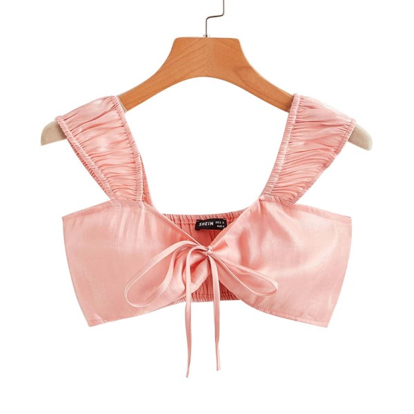 

Tie Front Ruched Crop Top, Pink