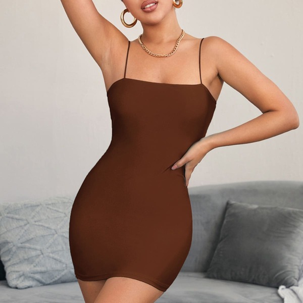 

Solid Zipper Back Cami Bodycon Dress, Brown