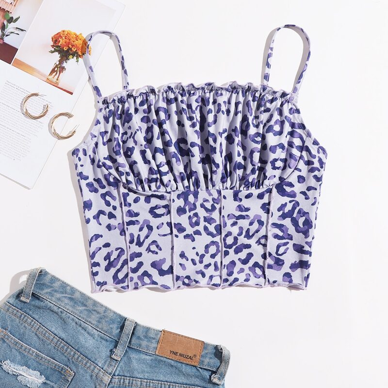 

Leopard Print Ruched Bust Frill Trim Cami Top, Multicolor