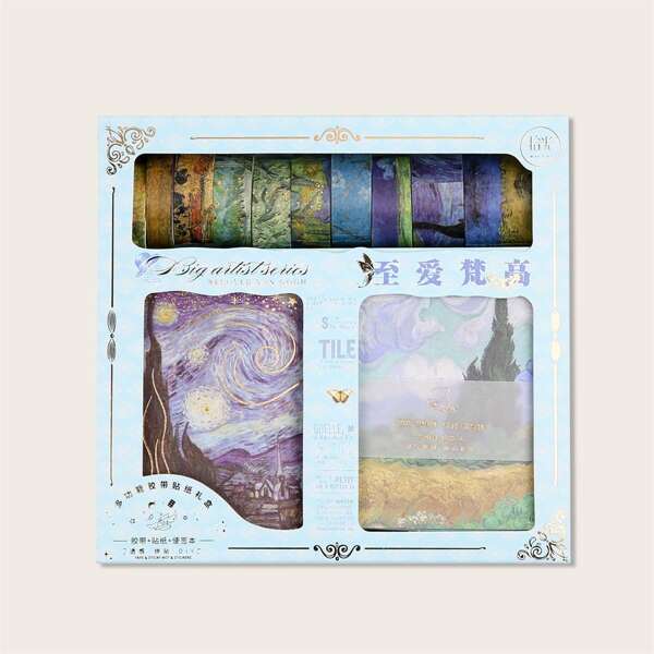 

50pcs Oil Painting Pattern Sticker & Memo Paper & Tape Set, Multicolor