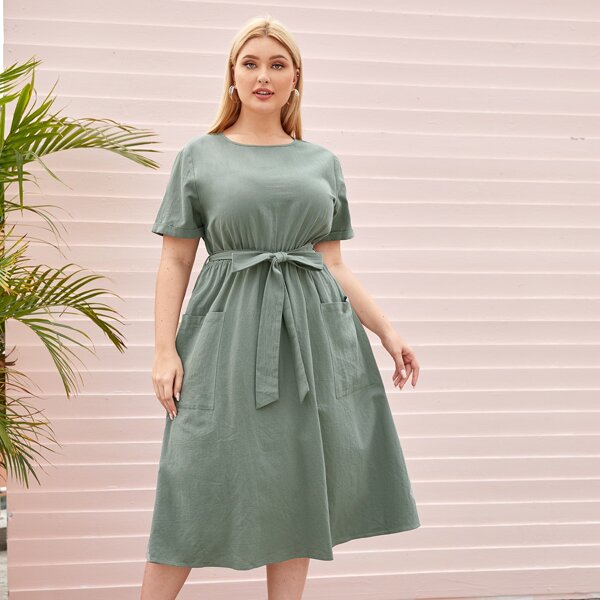 

Plus Patch Pocket Belted Dress, Mint green