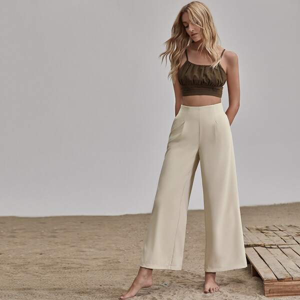 

Fold Pleat Solid Wide Leg Pants, Beige